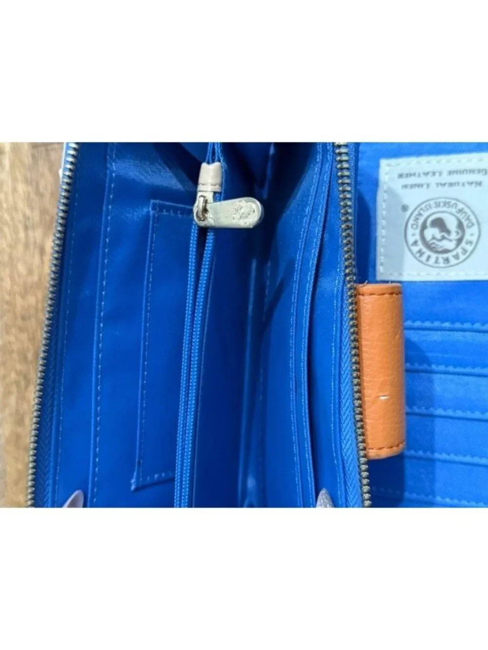 Spartina 449 May River Wallet Starfish Linen Leather Tan Navy White Snap Zip Aro
